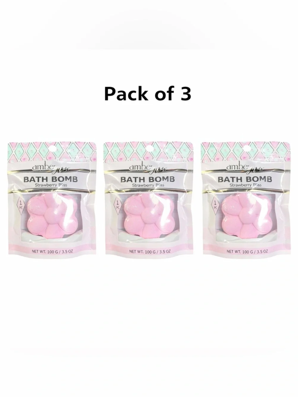 Strawberry Bath Bomb Pack of‎ 3 Amber Glow Spa Set New